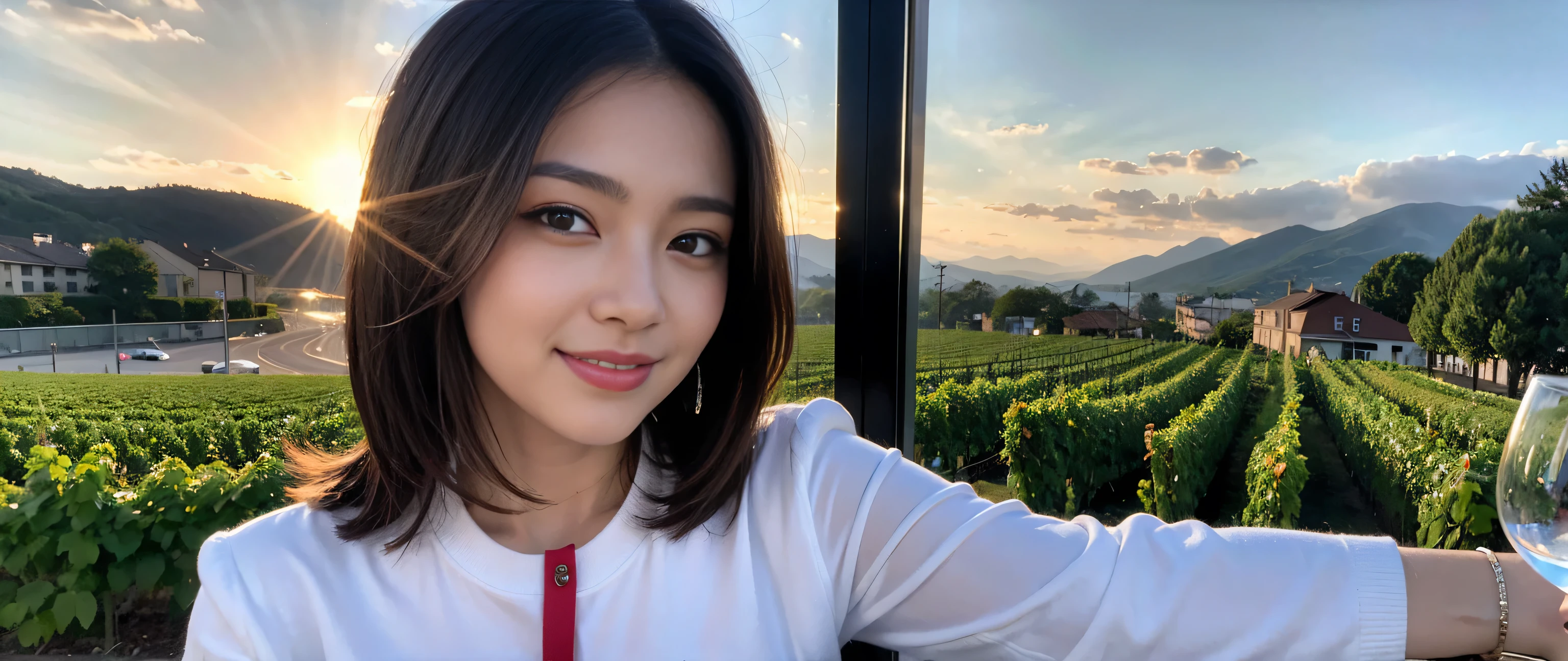 ((highest quality、8k、masterpiece:1.3))、Sharp focus:1.2、Beautiful woman perfect body:1.4、Slim body、((Bob Hale、Straight hair:1.2))、(to be born, highest quality, masterpiece:1.5), (Realistic, Intricate details:1.2), Ultra-high resolution, Shine light on your face、Amazing view of the sunset sky and clouds、Amazing mountain views、A bright smile、wine glass、red wine 、Appetizer、Italian food、Wine bottle、Champagne、sparkling wine、, Beautiful Face, blue eyes, The light shines on your face, Blushing, short hair,Bright Face、Fox face、 (36 years old), 39 years old, Lady、Two beauties、Brown Hair、Shortcuts、Long sleeve shirt、dress、Pretty Woman 1, (Slim face), (The body is slim), (Brown Hair), (Shortcuts), cheeks turn a little red,Attractive beauty、, Out of the window, A beautiful and detailed night view unfolds.........., restaurant, In a prominent place (From the waist up) Nova Frog Style, actress, model, Upper Body, White wine, slim, wine glass, A wine glass placed in the middle, smile, (smile: 1.15), Beautiful fine grain, Depth f/2,saturation, High Contrast, Strong light and shadow,Moist Body:1.5、3D texture、Delicate eyes、Brown Hair、The hair is very shiny、