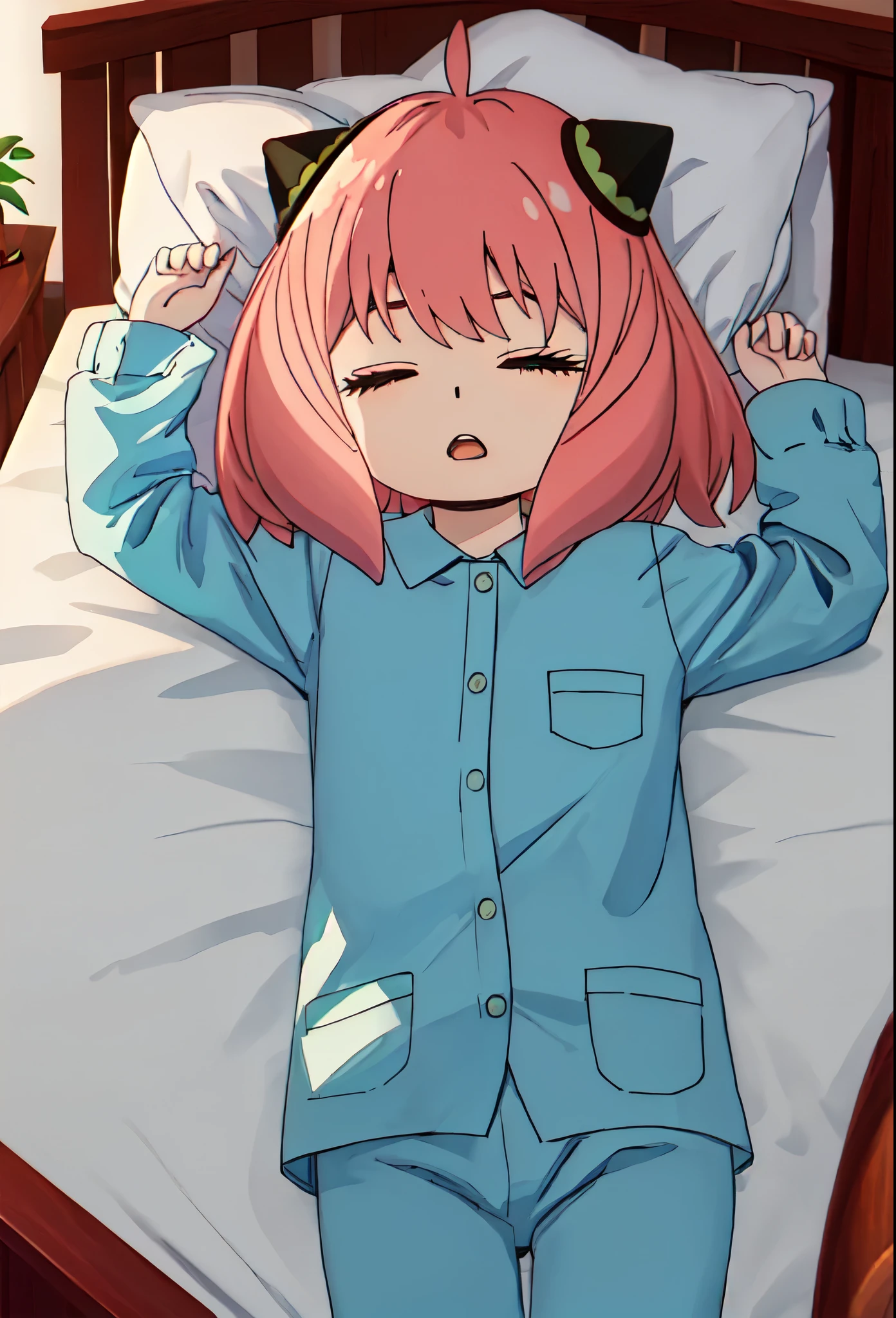 best quality, masterpiece, highres, solo, {anya_forger_spyxfamily:0.90}, female_, nightcap, pajamas, star_print, 1girl, open_mouth, blanket, closed_eyes, closed_mouth, meme, pillow, under_covers