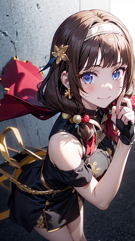 yor briar, anime style beutiful woman, 1girl, happy, sexy pause,(with sparkling eyes and a contagious smile:0.9),red face, closed mouth, beautiful detailed eyes, super detailed skin, backlighting, bare shoulders, black background, black dress, black gloves, black hair, breasts, dress, earrings, fingerless gloves, floating hair, floral print, flower, gloves, gold earrings, gold hairband, hair flower, hair ornament, hairband, holding, holding weapon, jewelry, large breasts, long hair, looking at viewer, off-shoulder dress, off shoulder,red eyes, short hair with long locks, sidelocks, solo, spikes, thighs, two-sided dress, two-sided fabric, weapon, fighting stance , face, close up, from above, highest quality, looking at viewer,high resolution.