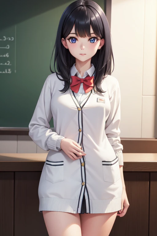 rikkatakarada, rikka takarada, black hair, blue eyes, long hair, orange scrunchie, scrunchie, wrist scrunchie
BREAK black footwear, black skirt, bow, bowtie, buttons, cardigan, collared shirt, long sleeves, microskirt, pleated skirt, red bow, red bowtie, red socks, , shirt, shoes, skirt, socks, thighs, (white cardigan:1.5), white shirt,
BREAK indoors, classroom,
BREAK looking at viewer, (cowboy shot:1.5),
BREAK (masterpiece:1.2), best quality, high resolution, unity 8k wallpaper, (illustration:0.8), (beautiful detailed eyes:1.6), extremely detailed face, perfect lighting, extremely detailed CG, (perfect hands, perfect anatomy),open Large Breasts、Panties、bra、Belly button