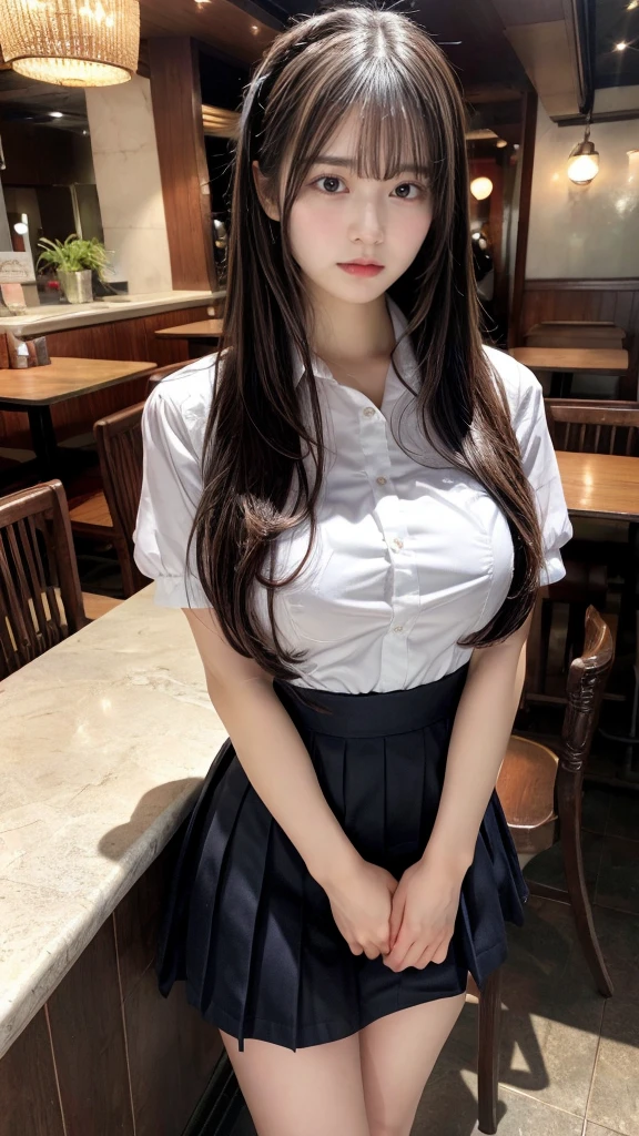 muste piece, best quality, illustration, Super detailed, fine details, High resolution, 8K,wall paper, perfect dynamic composition,(Details High quality, realistic depiction of eyes:1.3), waitress uniform, restaurant, large breasts, long hair、black hair color, Big Natural Color Lip, bold sexy pose, crying a little、cold gaze, Harajuku style、20 year old girl、cute type、lolita、beautiful legs, gravure idol, Voluptuous thighs