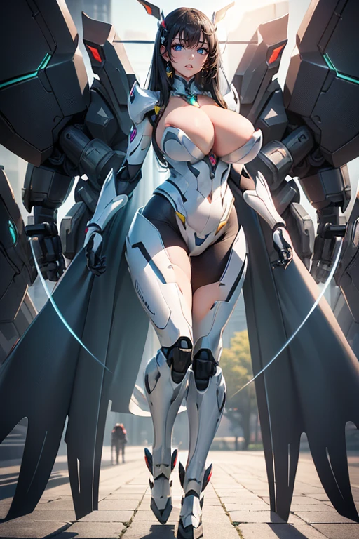 (Spawn a female, Huge breasts, mecha cyber armor, Ray Tracing, Beautiful hands指, Beautiful hands, (A hand has 4 fingers), Full body shot, Perfect anatomical structure, Good lighting, Professional photography, sharp eyes, fresh lips