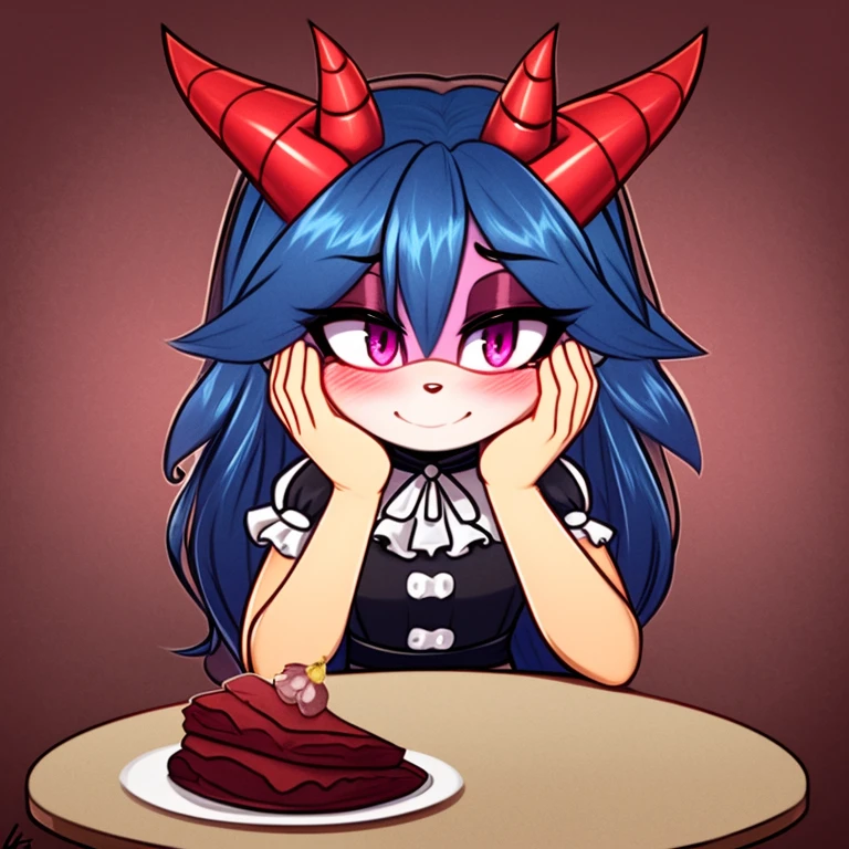 Oni mobian, blue hair, long hair, toned, gothic ta, magenta eyes, red horns, pointed ears, blushing, hand on cheek, table