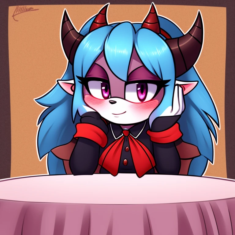 Oni mobian, blue hair, long hair, toned, gothic Lolita, magenta eyes, red horns, pointed ears, blushing, hand on cheek, table