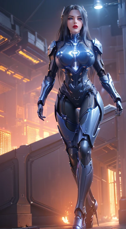 (1 Girl, Solitary, Solitary), (Super detailed face), (Black long hair:1.2), (, 11-wire ABS, cleveage, Huge fake breasts:1.5), Cleavage,(Mechanical arm guards:1.3), (Purple future mecha cyber armor, Mecha tights suit, Blue Diamond Core in Armor, Mechanical arm guardsOR LEGS, High heel:1.5), (Busty muscular female body, Sexy long legs:1.1), (Looking at the audience:1.3), (Female focus:0.886), (Walking the corridors of the future space station:1), (Bright Lights:1.5), Super texture, Unreal Engine Rendering, Physically Based Rendering, Ultra HD, 16K, 1080p.
