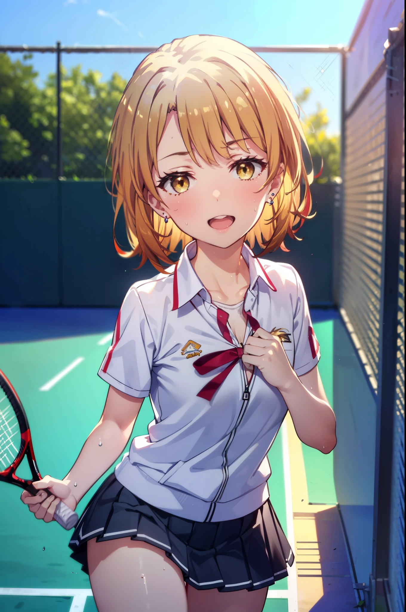 irohaisshiki, Iroha Isshiki, short hair, Brown Hair, (Brown eyes:1.5), happy smile, smile, Open your mouth,smile,
Tennis uniform, Hair Clip, Earrings, jewelry, nm1, Hair Ribbon, short hair, tennis cosplay, (Pleated super short skirt:1.4), (Thighs:1.3), (large teeth:1.3), large chests, (Provocative face:1.3), Open your mouth, (chest:1.3), teeth, Round eyes, (blowing in the Wind:0.5), Sweat around the girl, Dripping Sweat, Squall (Wind:1.2), speed, 爽やかなWind, Motion Blur Effect, Wind, (can'I can't see your pants:1.4) break background is (Tennis court:1.3), (Stand in the center of the screen:1.3), (10,000 spectators:1.3), Blue sky with clouds, Outdoor, (Amazing panoramic views:1.2), Wind break sunlight, Nice views, Rainbow in the sky, Particles of light,
break outdoors, Tennis court,
break looking at viewer,(Cowboy Shot:1. 5)
break (masterpiece:1.2), highest quality, High resolution, unity 8k wallpaper, (shape:0.8), (Beautiful details:1.6), Highly detailed face, Perfect lighting, Extremely detailed CG, (Perfect hands, Perfect Anatomy),
