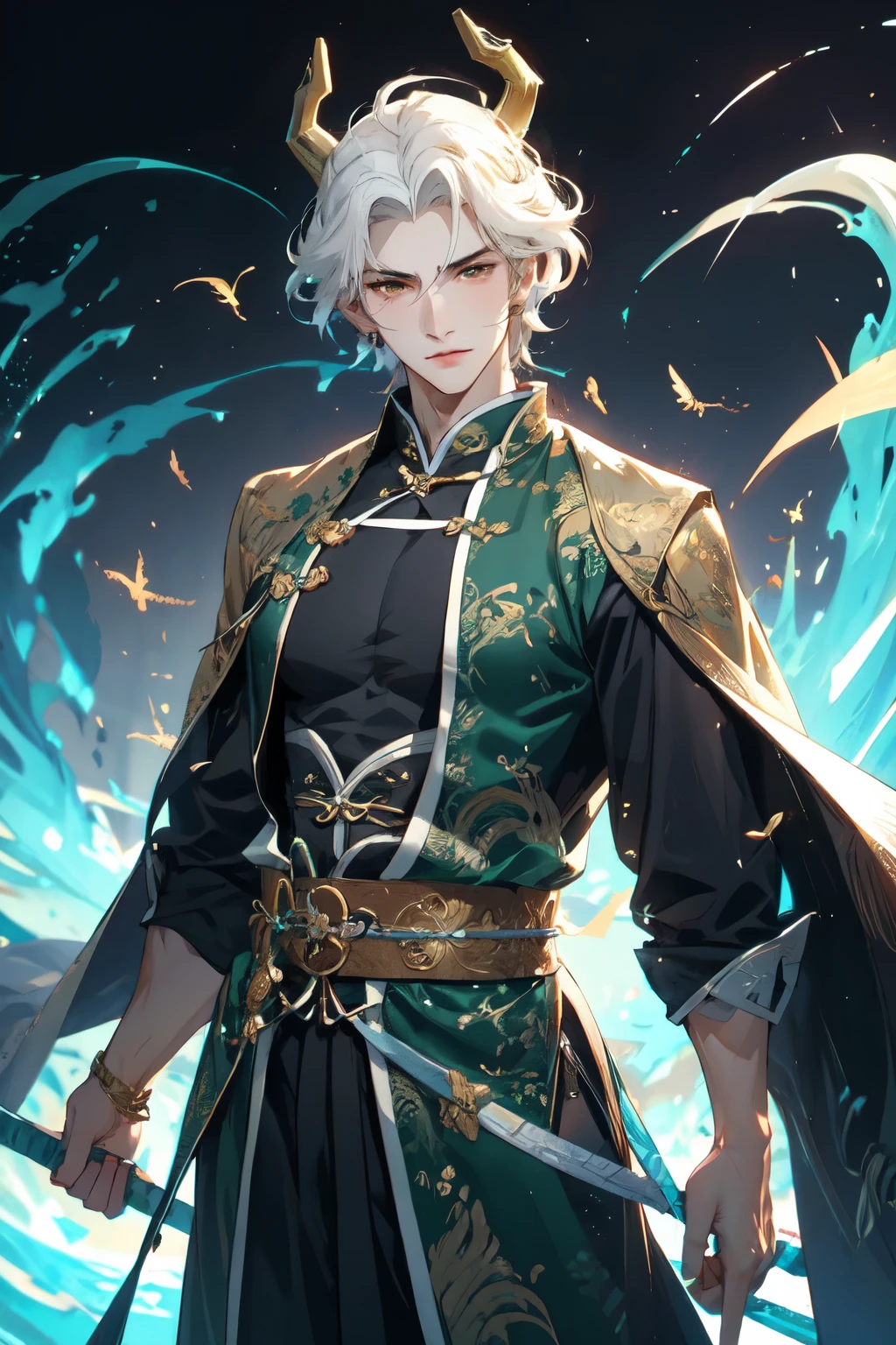 A handsome man with short white hair, golden eyes, wearing a  green Chinese dress, he has dragon horns.,toji fushiguro,green Chinese dress, muscular,Tall