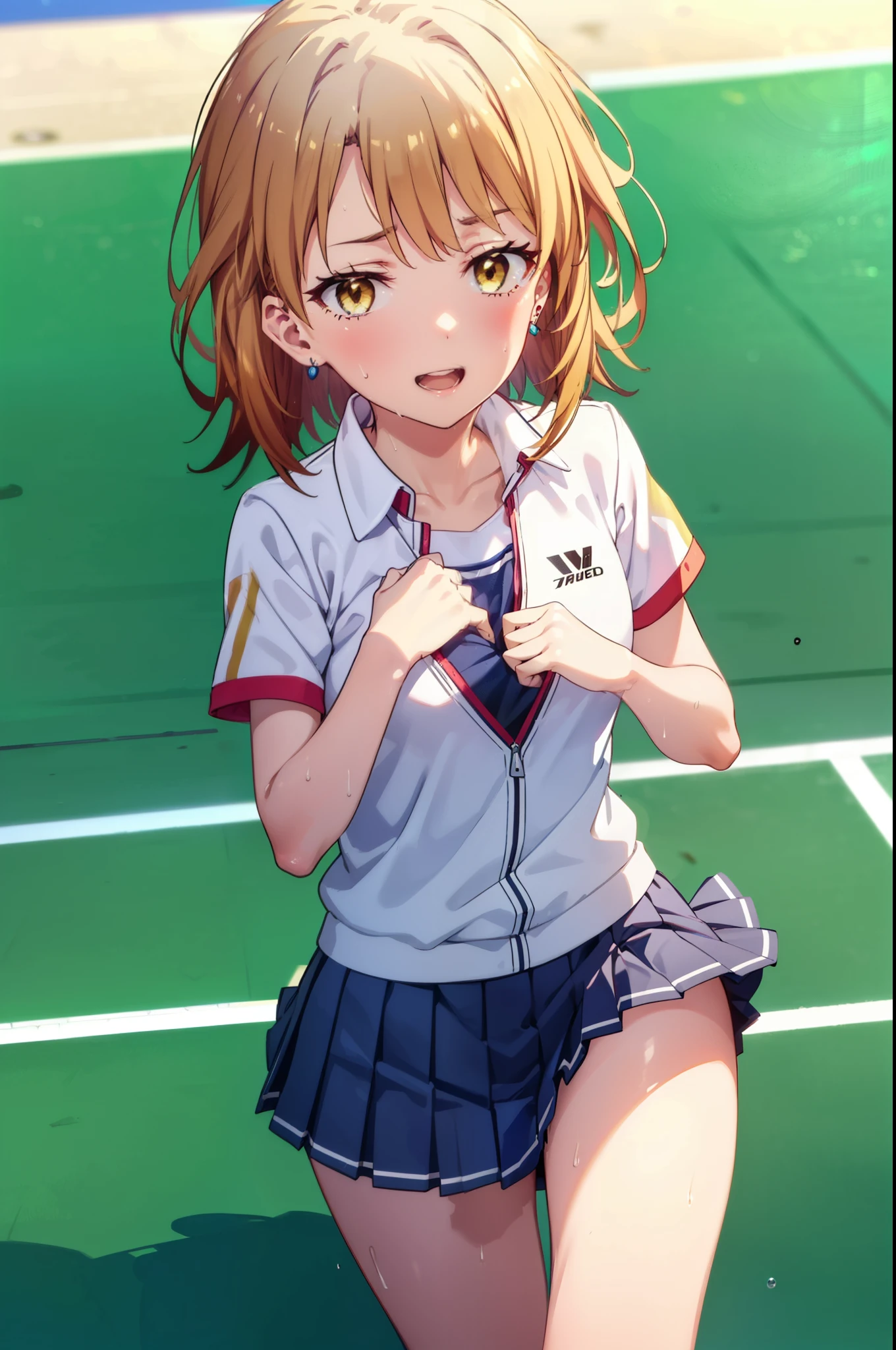 irohaisshiki, Iroha Isshiki, short hair, Brown Hair, (Brown eyes:1.5), happy smile, smile, Open your mouth,smile,
Tennis uniform, Hair Clip, Earrings, jewelry, nm1, Hair Ribbon, short hair, tennis cosplay, (Pleated super short skirt:1.4), (Thighs:1.3), (large teeth:1.3), large chests, (Provocative face:1.3), Open your mouth, (chest:1.3), teeth, Round eyes, (blowing in the Wind:0.5), Sweat around the girl, Dripping Sweat, Squall (Wind:1.2), speed, 爽やかなWind, Motion Blur Effect, Wind, (can'I can't see your pants:1.4) break background is (Tennis court:1.3), (Stand in the center of the screen:1.3), (10,000 spectators:1.3), Blue sky with clouds, Outdoor, (Amazing panoramic views:1.2), Wind break sunlight, Nice views, Rainbow in the sky, Particles of light,
break outdoors, Tennis court,
break looking at viewer,(Cowboy Shot:1. 5)
break (masterpiece:1.2), highest quality, High resolution, unity 8k wallpaper, (shape:0.8), (Beautiful details:1.6), Highly detailed face, Perfect lighting, Extremely detailed CG, (Perfect hands, Perfect Anatomy),