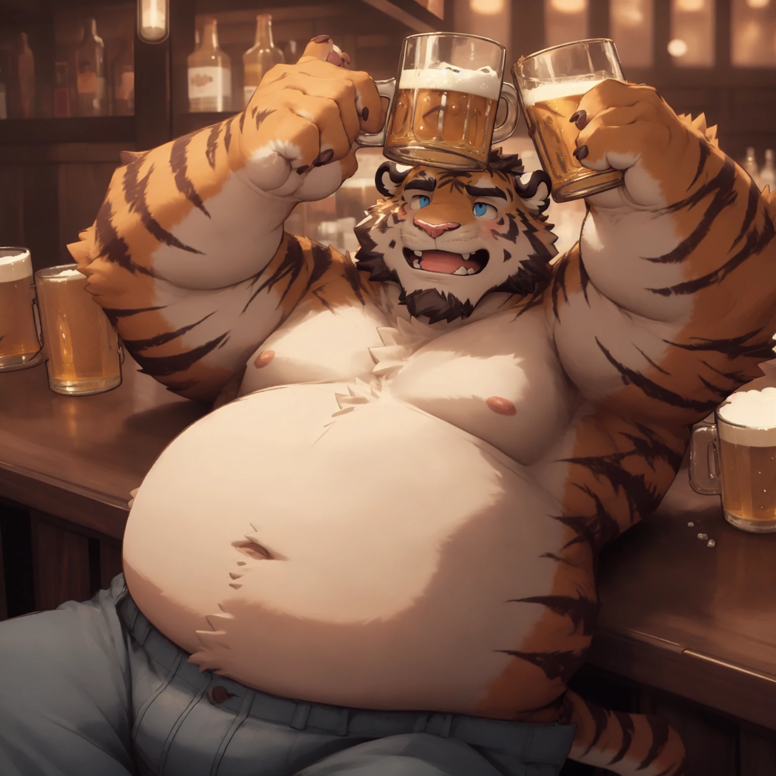 New Jersey 5 Furry,Tiger，portrait，Exquisite， Chubby，Fat，Thick arms，Rugged muscles，Topless，plush fur，Chubby脸，Black eyebrows，Sky blue eyes，Beard，bar，Pants，holding a beer mug，Drunk，Lying on the table，blush，giggle