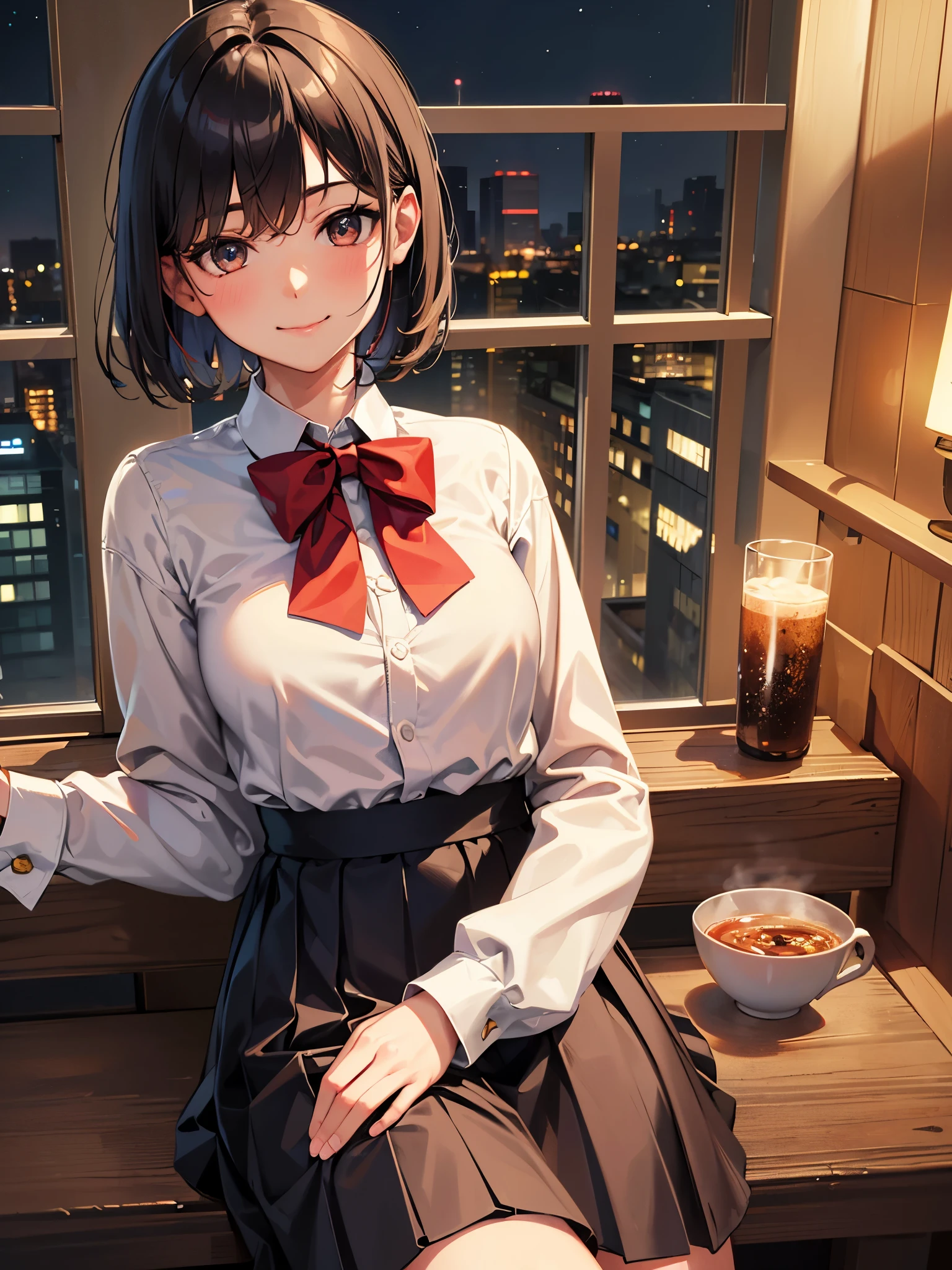(8k, highest quality, masterpiece:1.2), (SFW:1.3), (Realistic, photo-Realistic:1.37), Very detailed, 1 girl,cute, alone,Beautifully detailed skies,Detailed Cafe,night,Sitting,Date,(Red nose),(smile:1.1),(Mouth closed) Medium chest,Beautiful fine details,(Collared shirt:1.1),My shirt is wet and transparent, bow tie,Pleated skirt,(short hair:1.2),Floating Hair