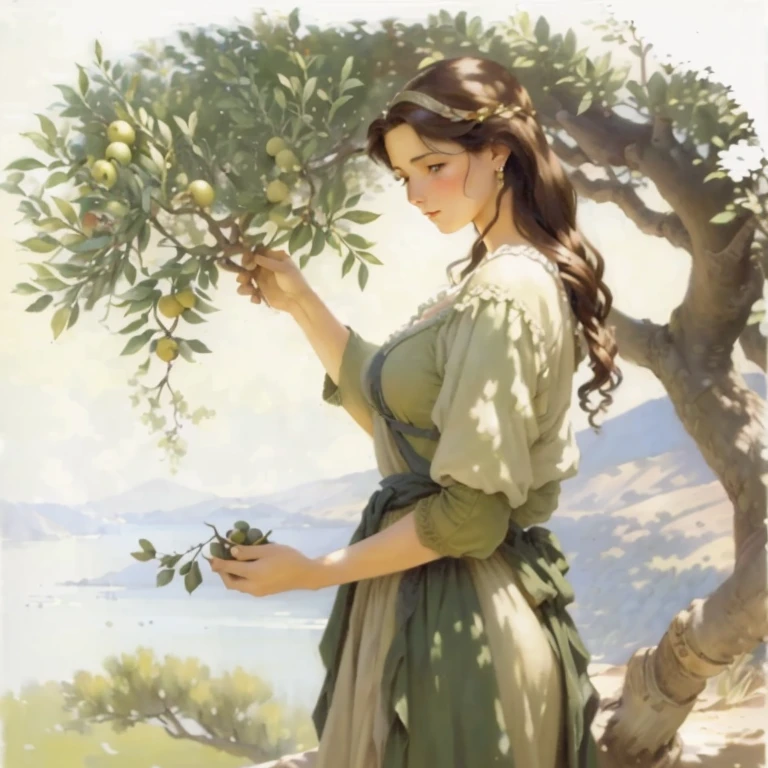 The "Grape Harvest" of the brushes of the artist Adolf William Bouguereau depicts a young woman with black hair, she wears a light, tight-fitting apron wrapped around the waist with a yellow ribbon and normal shoes with leather bridges on her legs. In her hands she has a basket full of grapes, her face is full of calm, thoughtfulness, even seems a little tired, because on such a hot day you can only work with a lot of perseverance and patience. The background of the painting is made in the form of green leaves of vines and the light of the French summer. In general, the painting by Adolf William Bouguereau "The Grape Harvest" transports the viewer to the atmosphere of azure summer days, when it is time to harvest grapes, and a time when the life of simple workers boils with sorrow and joy about the communication of the soul with nature.