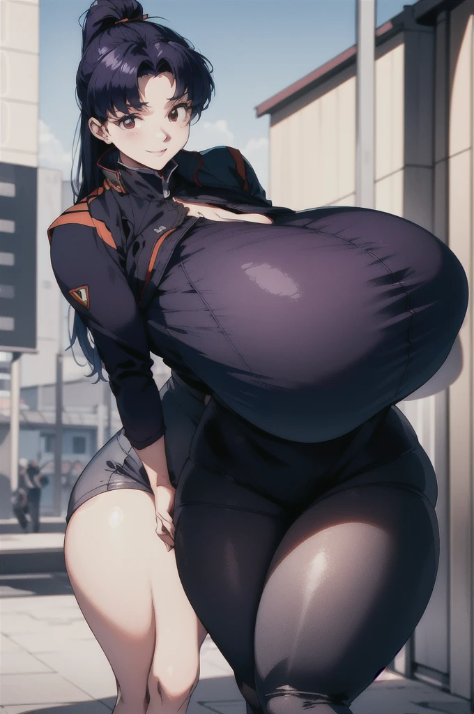 (RAW photo, best quality), 1girl,  natural lighting, solo, light smile, 
katsuragi misato, outdoor, big boob, large breasts, boob window, exposed cleavage, tight clothes, wide hips, thicc, wearing a suit,  woman, small woman, small height, ponytail, exposed midriff, gigantomastia, macromastia, chubby