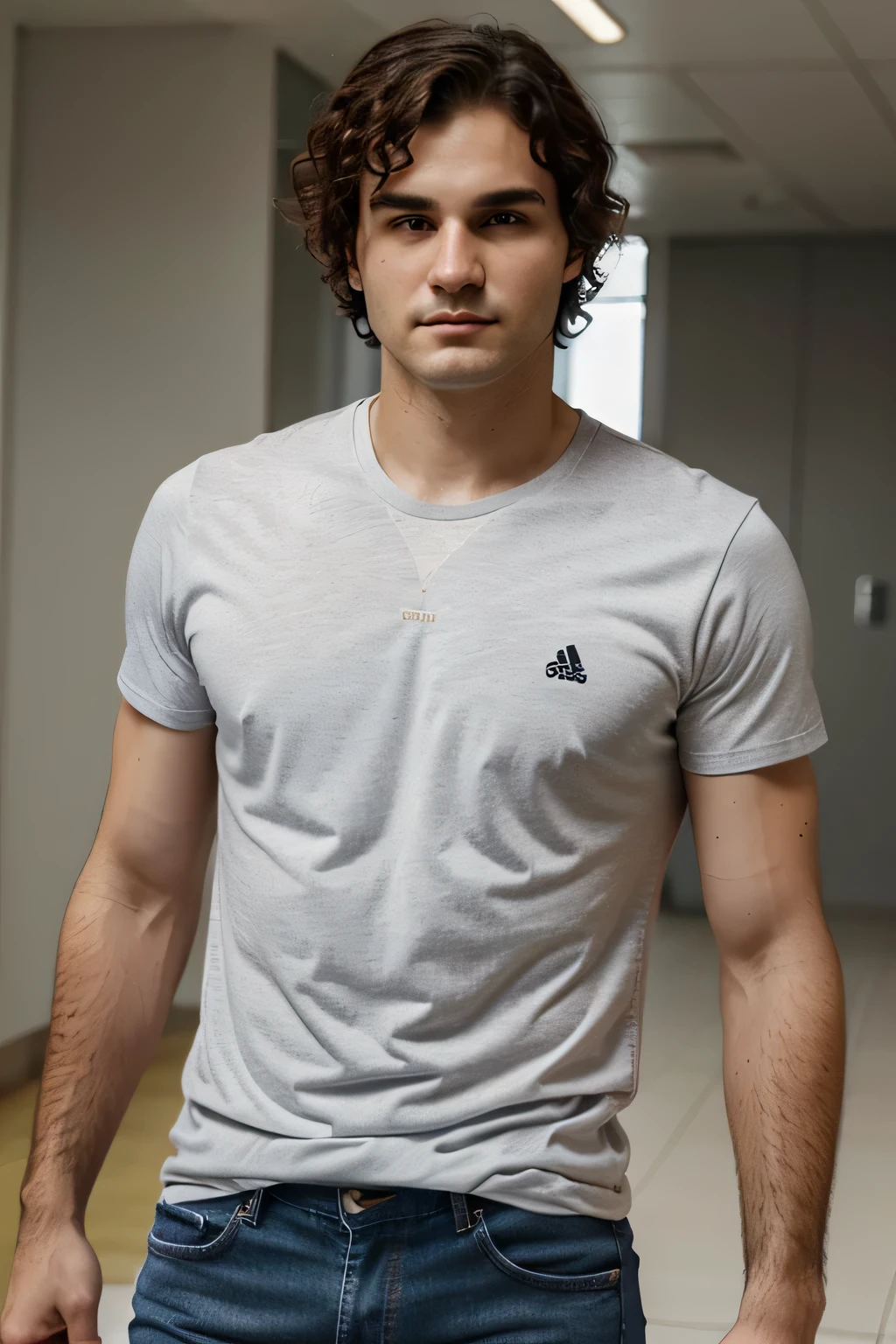 Man with medium curly hair, white skin, gray eyes, defined and athletic body, jeans and T-Shirt, resembles Roger Federer, look forward, confident,