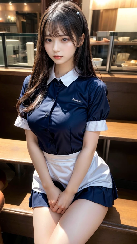 muste piece, best quality, illustration, Super detailed, fine details, High resolution, 8K,wall paper, perfect dynamic composition,(Details High quality, realistic depiction of eyes:1.3), waitress uniform, restaurant, large breasts, long hair、black hair color, Big Natural Color Lip, bold sexy pose, crying a little、cold gaze, Harajuku style、20 year old girl、cute type、lolita、beautiful legs, gravure idol, Voluptuous thighs