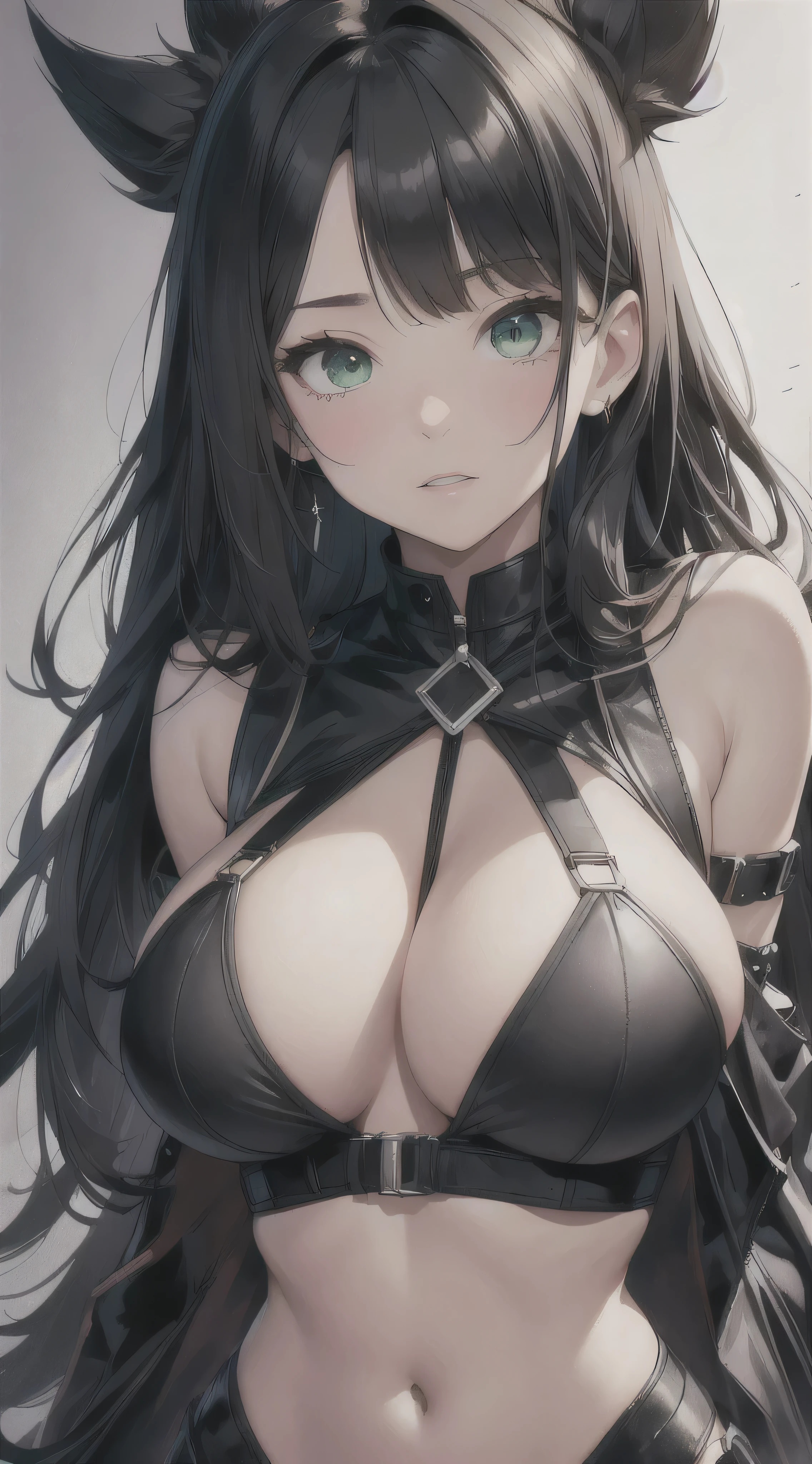 top quality、Top image quality、​Masterpiece、girl with((perfect big breasts、beautiful green eyes、Breasts wide open, long Black hair with bangs、A slender one、body harness)）high quality、beautiful art、background with((big white room、white lighting)), Well-designed、visual art、depth of field、best lighting、most detailed、8ｋ