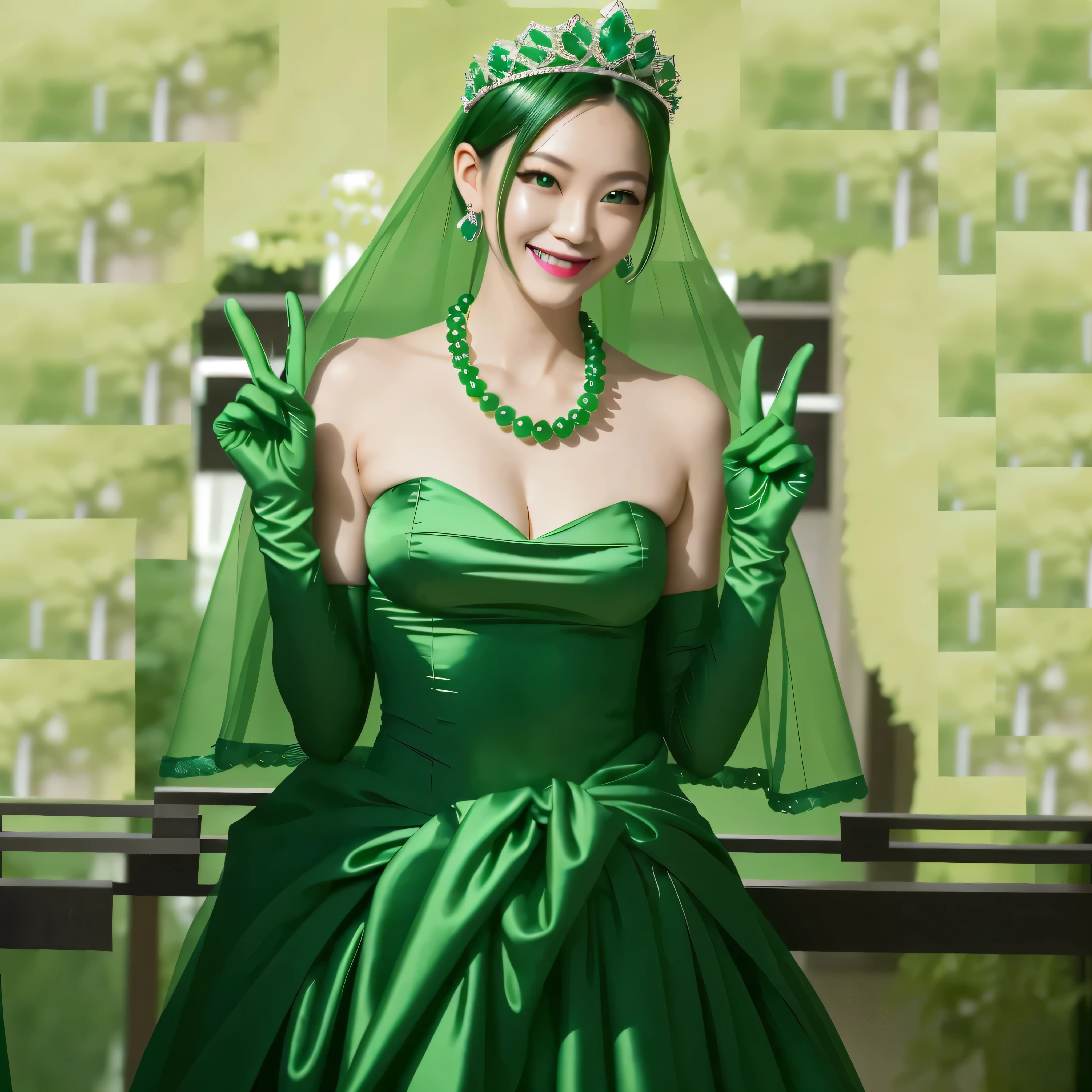 Emerald tiara, Green Pearl Necklace, Boyish Very Short Green Hair, Green Lips, Smiling Japanese woman, Very short hair, Busty beautiful lady, Green Eyes, Green satin gloves, Green Eyes, emerald earrings, Green veil, Heart with both hands, Green Hair, Beautiful Japanese Women, Heart shaped hands:1.3, green lip gloss