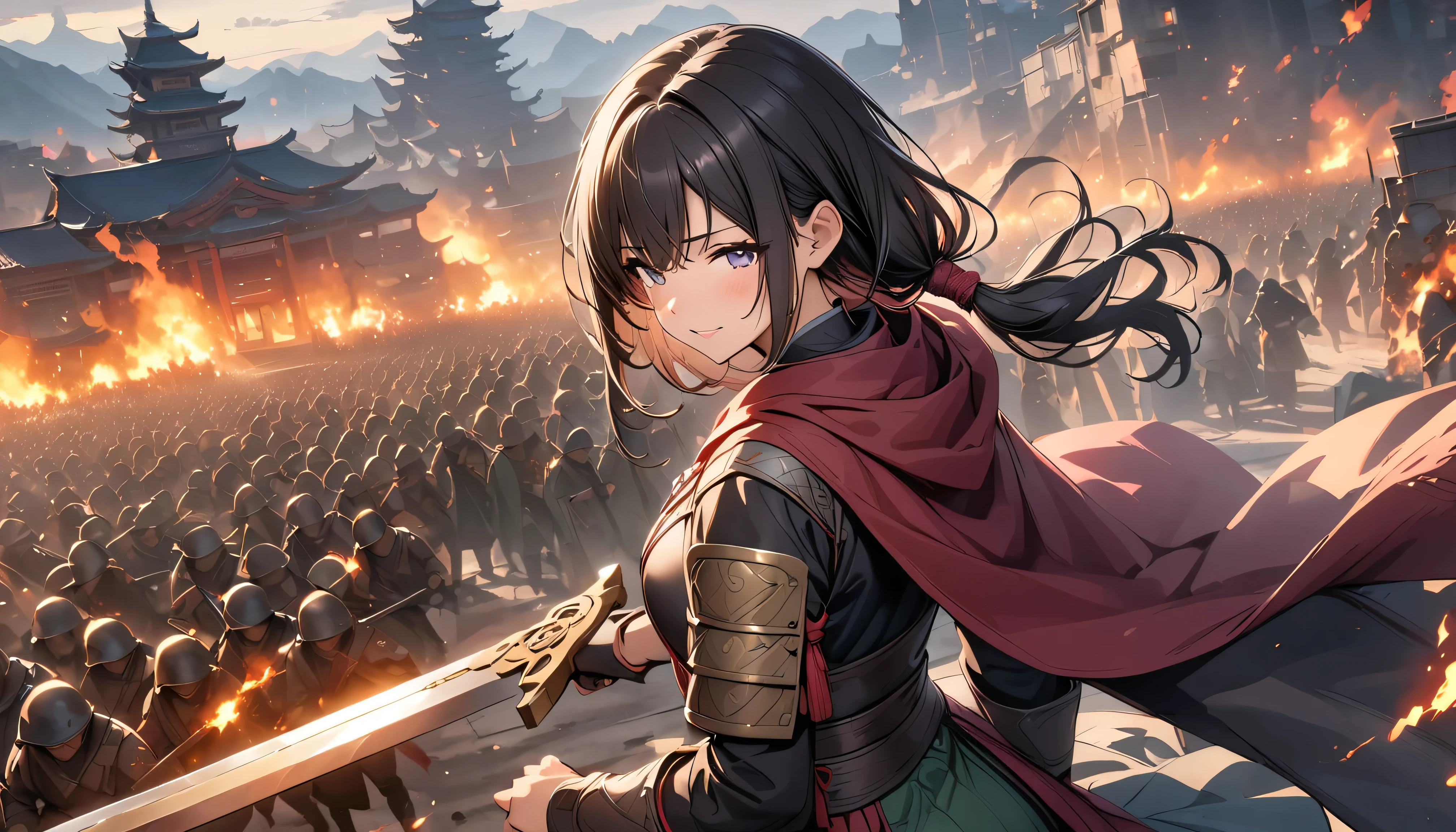 ((masterpiece, highest quality, High resolution)), ((Highly detailed CG integrated 8K wallpaper)), Female swordsman in Chinese clothing, Heroes of the Three Kingdoms, (He has a big sword in both hands), She has long black hair tied back, Wearing iron armor and a red cloak, He is surrounded by enemy soldiers with a burning city in the background.,