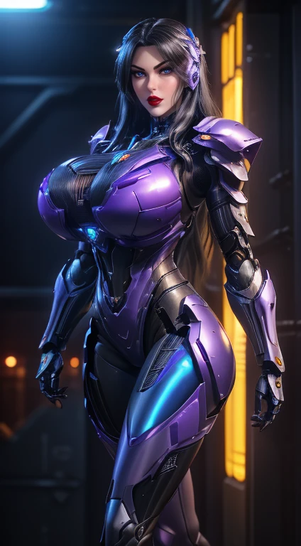(1 Girl, Solitary, Solitary), (Super detailed face), (Black long hair:1.2), (, 11-wire ABS, cleveage, Huge fake breasts:1.5), Cleavage,(Mechanical arm guards:1.3), (Purple future mecha cyber armor, Mecha tights suit, Blue Diamond Core in Armor, Mechanical arm guardsOR LEGS, High heel:1.5), (Busty muscular female body, Sexy long legs:1.1), (Looking at the audience:1.3), (Female focus:0.886), (Walking the corridors of the future space station:1), (Bright Lights:1.5), Super texture, Unreal Engine Rendering, Physically Based Rendering, Ultra HD, 16K, 1080p.