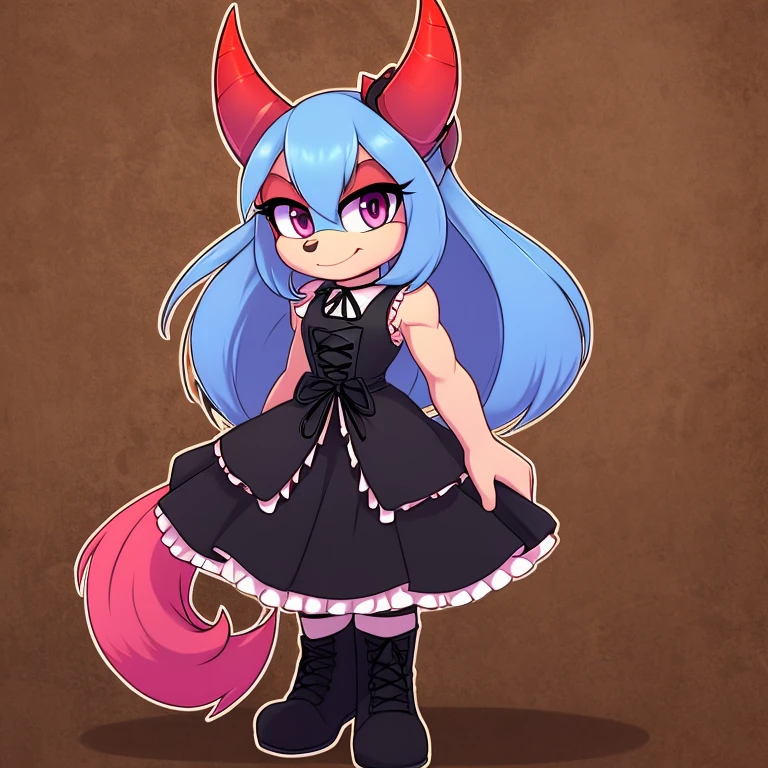 Oni mobian, blue hair, long hair, toned, gothic ta, magenta eyes, red horns, pointed ears
