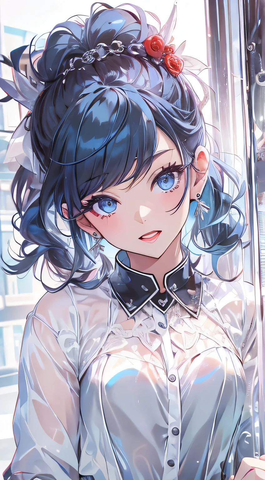 最high quality、Best image quality、masterpiece、Teenage Girl((White shirt、Black long pants、18-year-old、 By becoming、Best Bust、Large bast,black eye, Blue Hair、thin,Big Valley、Red lipstick makeup、Cute Earrings、Silver Watch、Chest to Chest、get up、Eyeshadow that colors your eyes with a captivating pose、Get on all fours)),high quality、Beautiful art、With background((White wall、Photo studio))masterpiece、Written boundary depth,camera film style