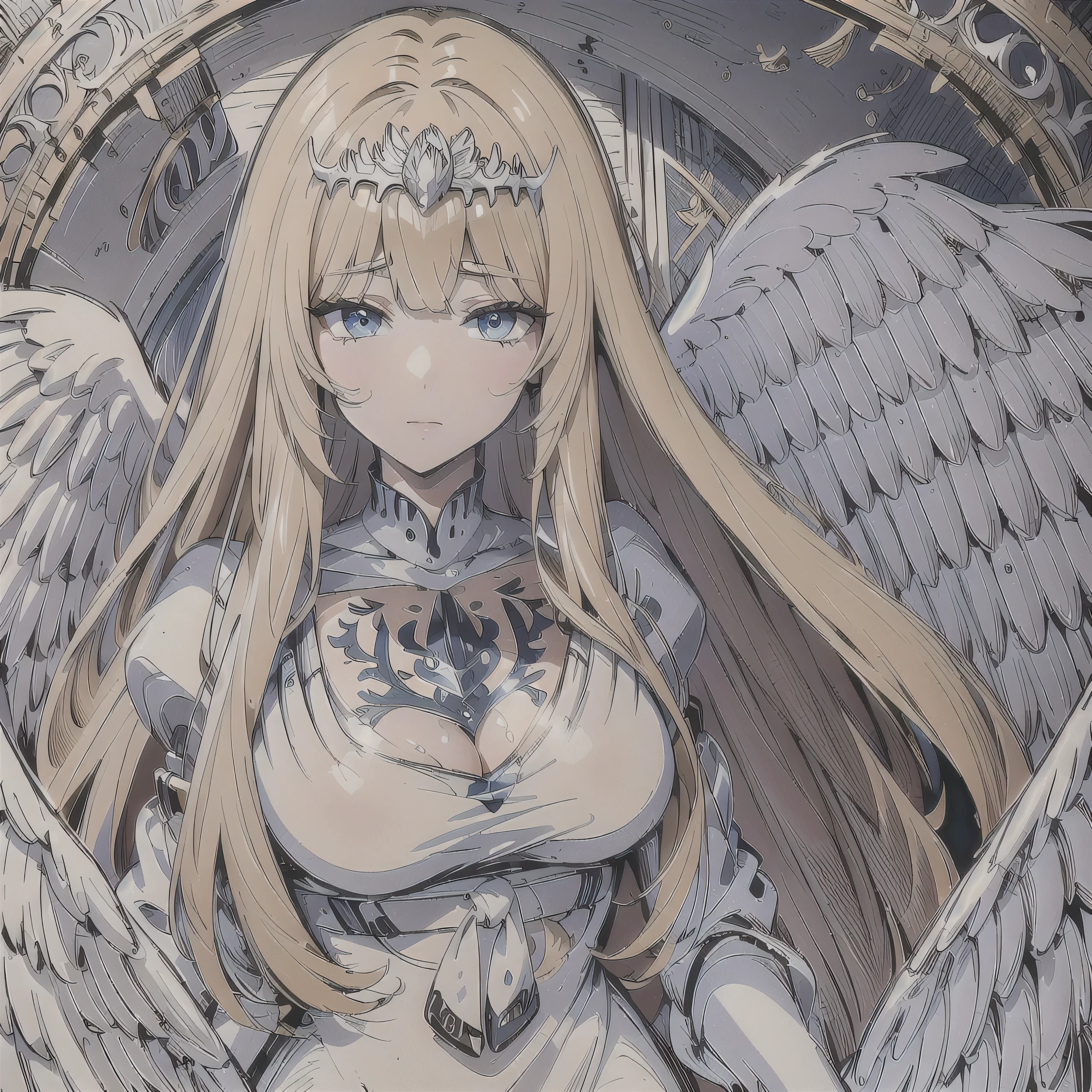 Masterpiece, best quality, official art, beautiful, lively texture, unique visuals, Magnificent details, cg.Very detailed, solidarity cooperation, 8K Wallpapers, Extremely beautiful Eyes, best quality, details first, very delicate, High quality, 1 girl,alone, Calcutta, Calcutta Bessarez, angel wings, very large white wings, blonde hair, My hair is very long., My hair is very long., white crown, silver tiara, white tiara, white dress, blue eyes, Medium breast, large wings, feature wings