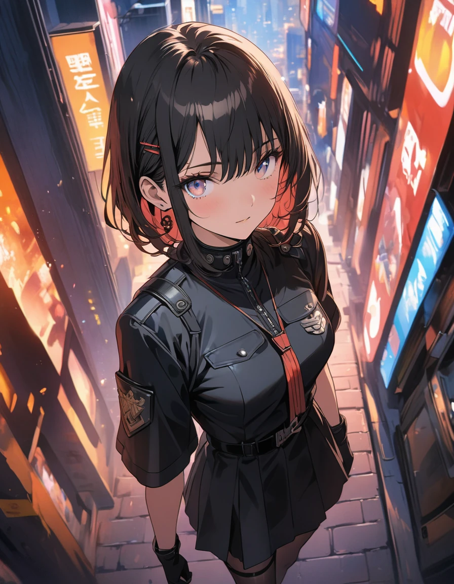 anime style, super fine illustration, highly detailed, dynamic angle, beautiful detailed, 8k, At night, in a cyberpunk cityscape, a female police officer patrols the neon-lit streets. Her footsteps echo against the damp pavement as she keeps a watchful eye on the shadows, ready to enforce justice in this futuristic metropolis.(highest quality、masterpiece、High resolution、detailed)、Anime Style、Flat Style、(Beautiful Eyes, Delicate and beautiful face, )