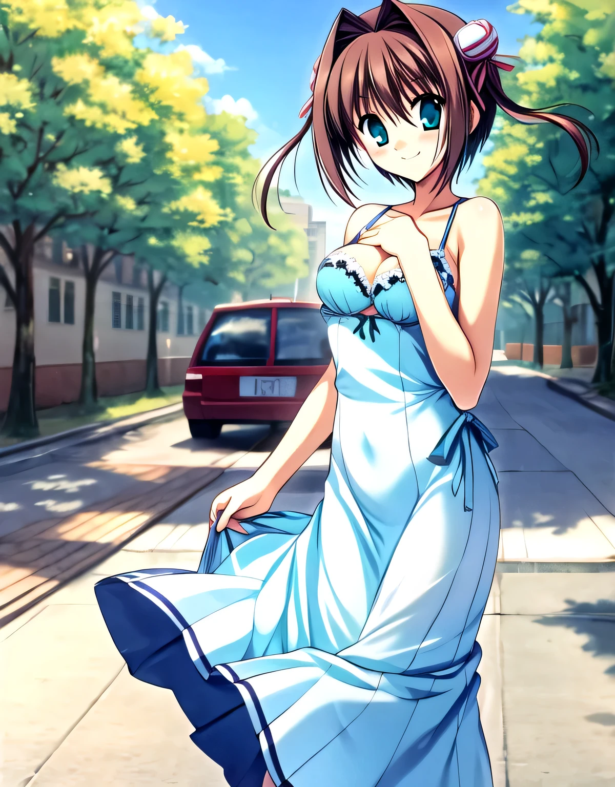 asakura_yume,Brown Hair,Medium Chest,Aqua Eye,White skin,city,((Are standing)),smile,((Breast augmentation)),((((light blue_Summer Dresses)))),((valley)),No bra,smile,