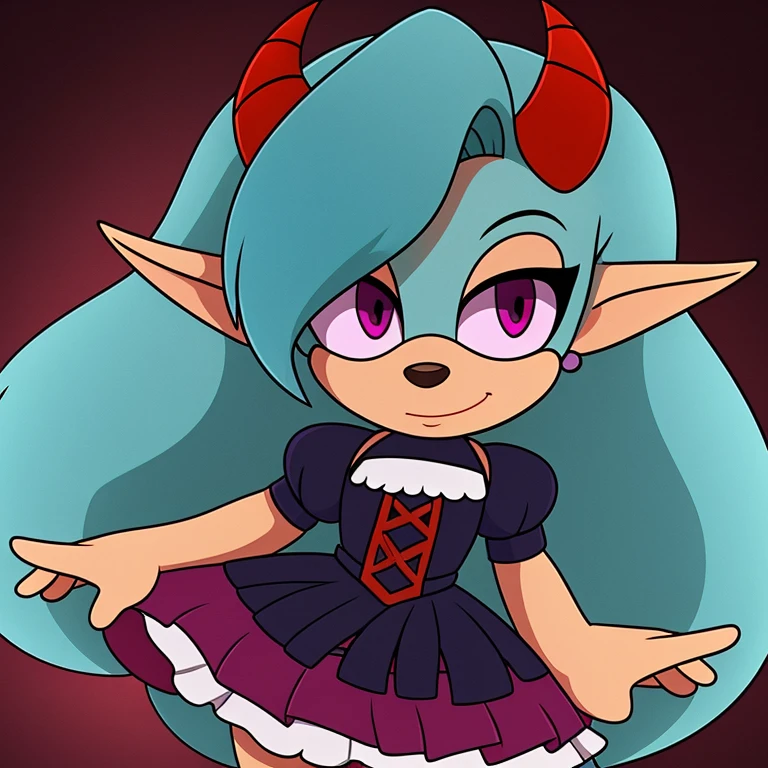 Oni mobian, blue hair, long hair, toned, gothic ta, magenta eyes, red horns, pointed ears