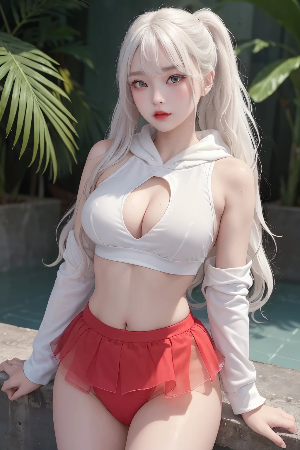 (masterpiece, realistic, high resolution), ((1 girl): 1.2), Korean, ((white wavy hair): 1.3), (heterochromia: 1.1, thick eyebrows,), (white hoodie without front close), ((??????????????): 1.2, small waist, thigh), catwalk walk, masterpiece: 1.2, best quality), realism, (real pictures, rich detail details, depth of field), (1 girl, solo), makeup, high detail, perfect face shape, (: 1.4), (skin dents), thick thighs, wide ????, thin waist, high, coral, red lips, red eyes, ponytail (girls, shallow tulle, tulle transparent), (sweat: 1.2) , (wet), ????, blush, (shy expression), crop top, suspenders, belly pockets, flowers on clothes, wearing super tight boxers,