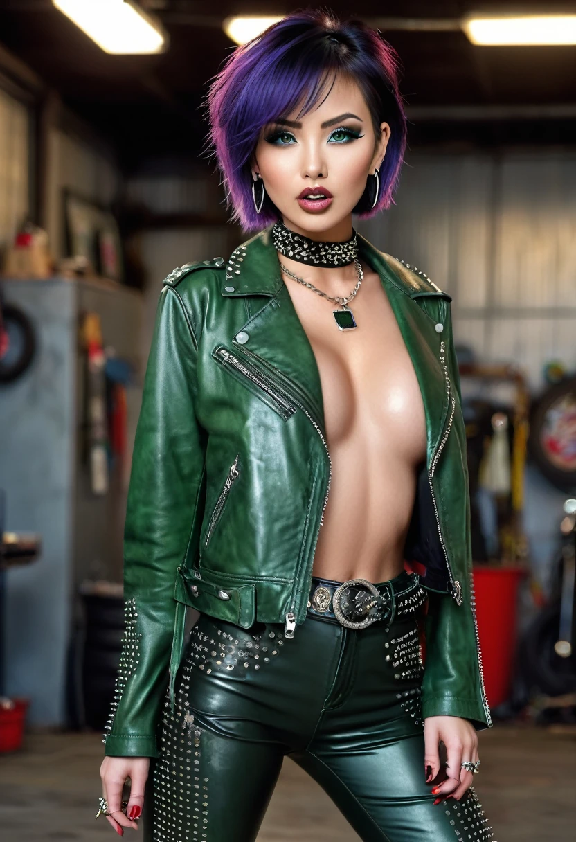 Busty female cyberpunk, long black hair with green locks, cropped leather jacket