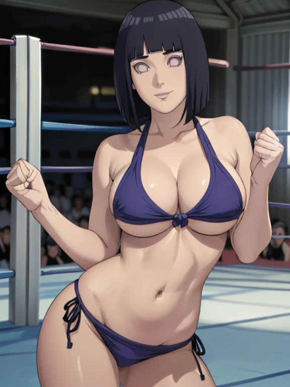 (stretching, floating hair, broad shoulders, little biceps, closed fists, showing off, upper body view), wrestling arena with audience, (totally naked, totally naked, jeans, nipples), ((thick arm)), , wrestling arena with audience, anime style, cute , beautiful , nice body, soft body, (hinata\(boruto\), (slender body), mature woman , big breasts, broad shoulders, off-shoulders, (totally naked, nipples, mile, closed mouth, pale skin, , smile, (dark blue hair color:1.1), wavy hair, floating hair, ((very short hair, hime cut، loose hair), big breasts, (perfect eyes, white sciera, bright eyes, white eyes, anime eyes)