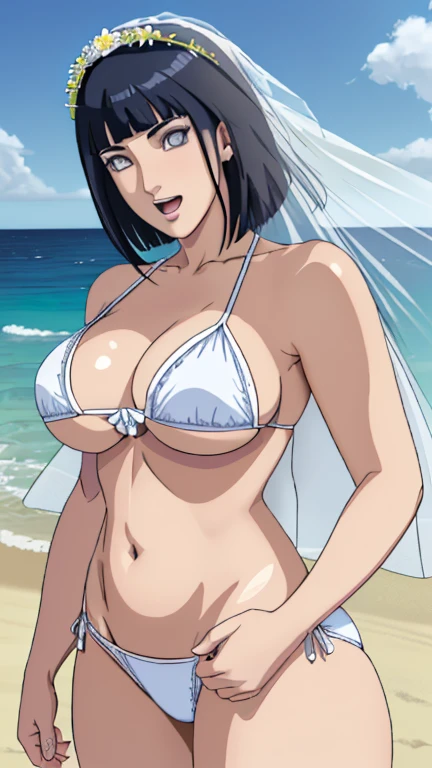 (WALLPAPER, masterpiece, 4k, anime style:1.9, ( detailed beach background, cowboy shot, looking at viewer, big breasts, big giant breast, open mouth, high color saturation, bold lines, bold drawing lines, (strong arms, flat belly, groin), detailed bold arm lines), (strong arms, thick arms), strong light on body, plain, bare body, (large breasts, perky boonimum clothing, taking off shirt, bare shoulders, off-shoulders, bare chest, polished nails, seductive, clean legs, (very tight plain white micro bikini, wedding veil, white flower wedding crown), no shirt, showing off), hinata\(boruto\), mature female, sunbathing, milf, (curvy:0.8), solo, (short hair, hime cut), (dark blue hair color:1.1), white, flat belly, perfect eyes, white sciera, white eyes, anime eyes, smoky eyeliner, eyeshadow, perfect face, shy, sharp focus, professional artwork, intricate details, colorful, vibrant colors, vivid colors, digital blending, ultra detailed body, ultra detail hair, ultra detail face, trending on pixiv, smile, happy, very hot colors, sunny day, outdoor,