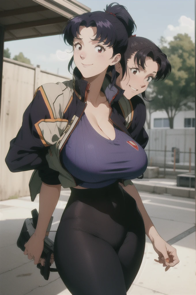 (RAW photo, best quality), 1girl,  natural lighting, solo, light smile, 
katsuragi misato, outdoor, big boob, large breasts, boob window, exposed cleavage, tight clothes, wide hips, thicc, wearing a suit,  woman, small woman, small height, exposed midriff, muscular, ponytail, tomboy