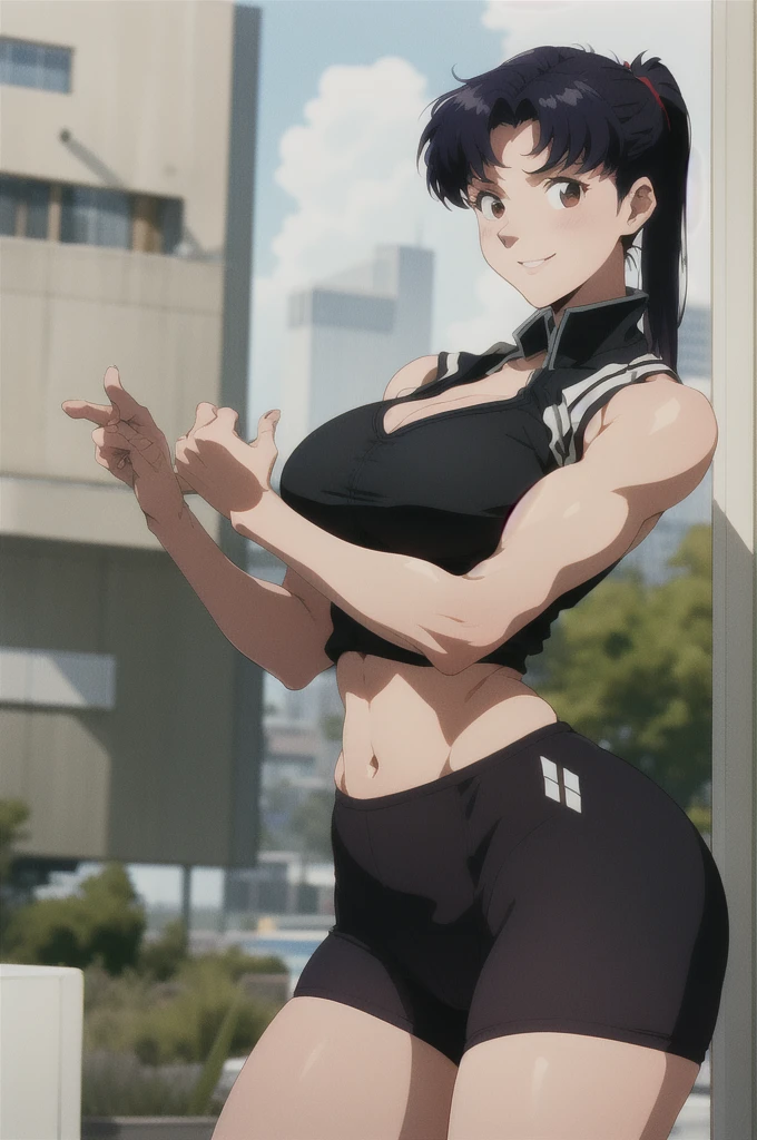 (RAW photo, best quality), 1girl,  natural lighting, solo, light smile, 
katsuragi misato, outdoor, big boob, large breasts, boob window, exposed cleavage, tight clothes, wide hips, thicc, wearing a suit,  woman, small woman, small height, exposed midriff, muscular, ponytail, tomboy