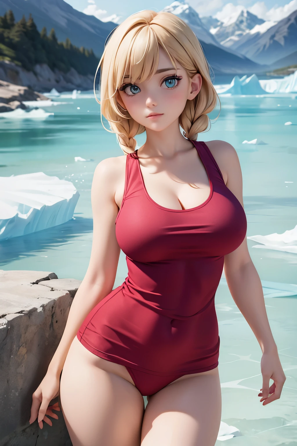 (((Masterpiece))), (((High resolution))), (((8K))), (((Perfect face))), (((The beauty of the frozen glacier))), 36 years old ,(( (Beautiful face))), (((Tank top))), Panties, Embarrassing expression, Looking at the camera, (Thighs), Superb eyes, Fine texture, Standing figure, Plump, Big, ((( Masterpiece) )))