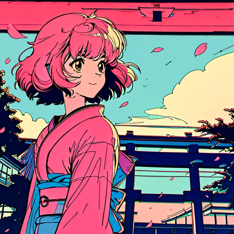 master piece, City Pop style, Pink Hair, fluffy bob cut, wearing headphones, shoulder length, alone, Futuristic, yet, lofi, retro, vintage, Ghost, light smile, cherry blossoms, ((kimono)), torii, Kyoto, looking away