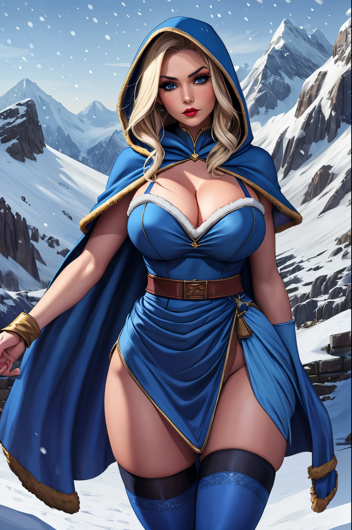 (masterpiece, best quality:1.2), solo, 1girl, crystalmaiden, makeup, serious, looking at viewer, standing, blue dress, hood, fur trim, blue cape, pelvic curtain, arm warmers, black thighhighs, jewelry, cleavage, outdoors, snowing, mountain 