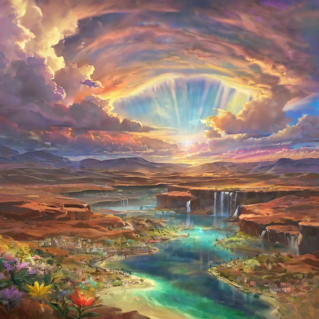 middle East,Israel,Colorful,Dreamy landscape, cloud, light piercing through the cloud, Reflection on the surface of the water, Gentle waterfall,flower々,Quiet atmosphere, Richness in details, Surreal beauty, Magical Aura, Fantasy Landscape, High quality digital art, Vibrant colors, Fantastic lighting, Enchanting atmosphere, artistic expression, Otherworldly feeling, Beautiful brushwork, Surrealism, Photorealistic elements, Magnificent View, Peaceful tranquility, Immersive Experience, Breathtaking views, Picturesque views, Mysterious charm, Mysterious atmosphere, Nuances, A magical dream.