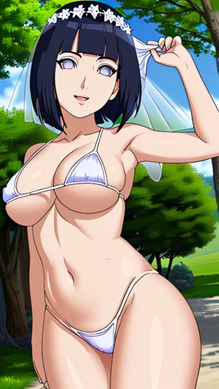 (WALLPAPER, masterpiece, 4k, anime style:1.9, ( detailed beach background, cowboy shot, looking at viewer, big breasts, big giant breast, open mouth, high color saturation, bold lines, bold drawing lines, (strong arms, flat belly, groin), detailed bold arm lines), (strong arms, thick arms), strong light on body, plain, bare body, (large breasts, perky boonimum clothing, taking off shirt, bare shoulders, off-shoulders, bare chest, polished nails, seductive, clean legs, (very tight plain white micro bikini, wedding veil, white flower wedding crown), no shirt, showing off), hinata\(boruto\), mature female, sunbathing, milf, (curvy:0.8), solo, (short hair, hime cut), (dark blue hair color:1.1), white, flat belly, perfect eyes, white sciera, white eyes, anime eyes, smoky eyeliner, eyeshadow, perfect face, shy, sharp focus, professional artwork, intricate details, colorful, vibrant colors, vivid colors, digital blending, ultra detailed body, ultra detail hair, ultra detail face, trending on pixiv, smile, happy, very hot colors, sunny day, outdoor,