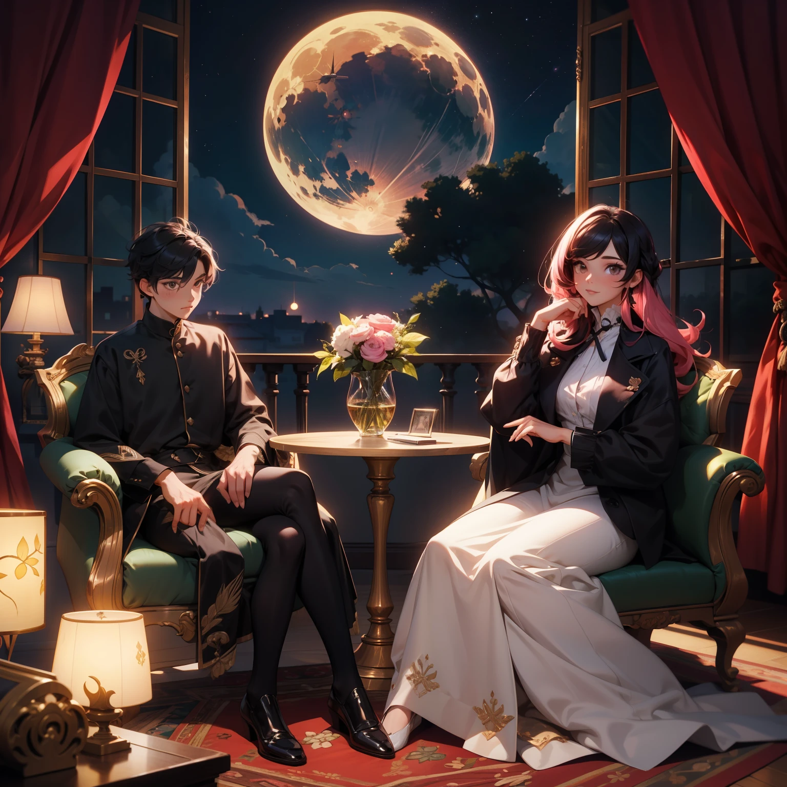 obra maestra,of the highest quality,high resolution, a girl with long pink hair and a boy with long dark black hair looking at each other while gossiping in a room, with comfortable armchairs, el fondo es una sala de estar con bonitas ventanas donde se ve una hermosa luna, dynamic pose