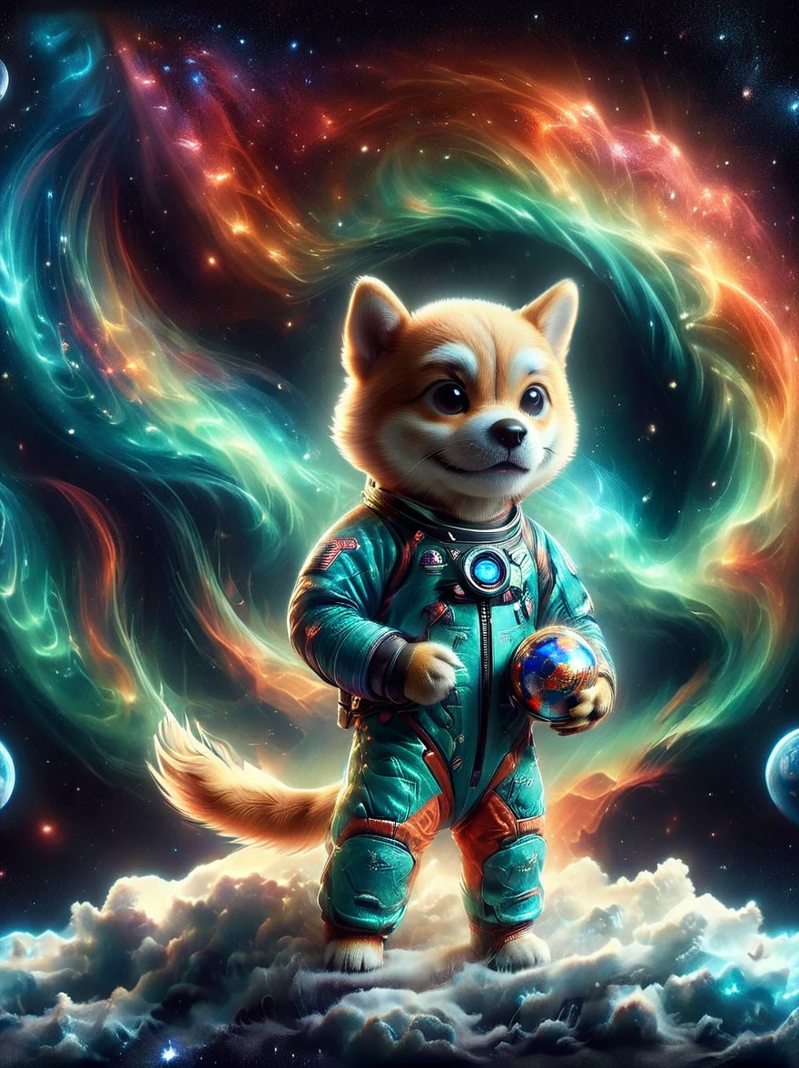 3D photograph of a charming Shiba Inu donned in a spacesuit, grasping a flag in its paw, standing assertive atop the moon's cratered surface. The enchanting planetary perspective showcases Earth in the distant cosmic backdrop, illuminated vibrantly. The image, taken with a high-resolution satellite camera, captures the whimsical juxtaposition of an adorable domestic dog amidst the awe-inspiring vastness of space, encapsulating the essence of playful space exploration in haute definition.