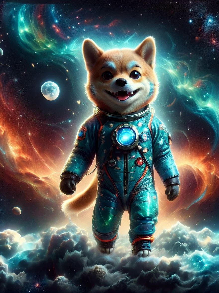 3D photograph of a charming Shiba Inu donned in a spacesuit, grasping a flag in its paw, standing assertive atop the moon's cratered surface. The enchanting planetary perspective showcases Earth in the distant cosmic backdrop, illuminated vibrantly. The image, taken with a high-resolution satellite camera, captures the whimsical juxtaposition of an adorable domestic dog amidst the awe-inspiring vastness of space, encapsulating the essence of playful space exploration in haute definition.