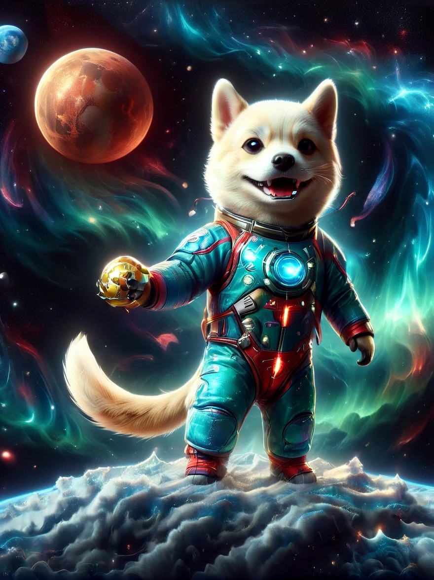 3D photograph of a charming Shiba Inu donned in a spacesuit, grasping a flag in its paw, standing assertive atop the moon's cratered surface. The enchanting planetary perspective showcases Earth in the distant cosmic backdrop, illuminated vibrantly. The image, taken with a high-resolution satellite camera, captures the whimsical juxtaposition of an adorable domestic dog amidst the awe-inspiring vastness of space, encapsulating the essence of playful space exploration in haute definition.