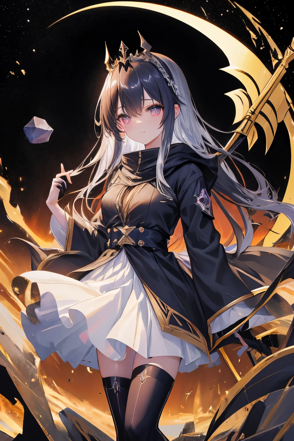 （（（highest quality、Masterpiece、Normal body、8k、Detailed face、Ultra-precision、Normal hand、Normal finger、５Finger、Highest）））Golden and silver hair、Princess、Absolute Being、Twilight Dress、White and black skirt、Shiny Tiara、metal boots、Death Scythe、Game Scythe、grim Reaperの鎌、disaster々New Scythe、disaster々Aura、reap the soul、death penalty、Grim Reaper、grim Reaper、collapsing universe、Dimensional Destruction、The End of the Galaxy、Combat Ready、Death Scytheを振りかぶる