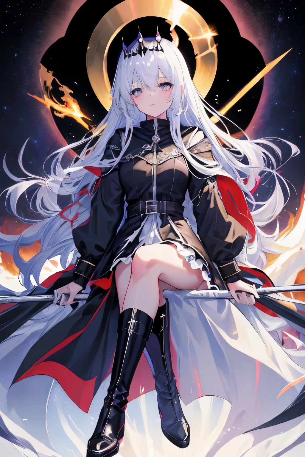 (((highest quality、Masterpiece、Normal body、8k、Detailed face、Ultra-precision、Normal hand、Normal finger、5Finger、Highest)))Golden and silver hair、Princess、Absolute Being、Twilight Dress、White and black skirt、Shiny Tiara、metal boots、Death Scythe、Game Scythe、grim Reaperの鎌、disaster々New Scythe、disaster々Aura、reap the soul、death penalty、Grim Reaper、grim Reaper、collapsing universe、Dimensional Destruction、The End of the Galaxy、Combat Ready、Death Scytheを振りかぶる