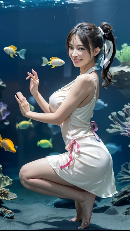 ((masterpiece)), (highest quality), 23 years old,Very detailed, finely, (High resolution), (8k), ((Perfect front viewcomposition)), (Natural color lip),(Side Ponytail:1.3),(((big aquarium内で前を向いて立っている, Look at me and smile))),((Silk Rainbow Short Dress)),((From the whole body to the toes:1.3)),((Perfect front view)),((big aquarium)),((Natural pose)),,((Big ribbon on thigh)),((Normal size buttocks)),((Ample breasts)),((Full and firm breasts)),(Look at me and smile),