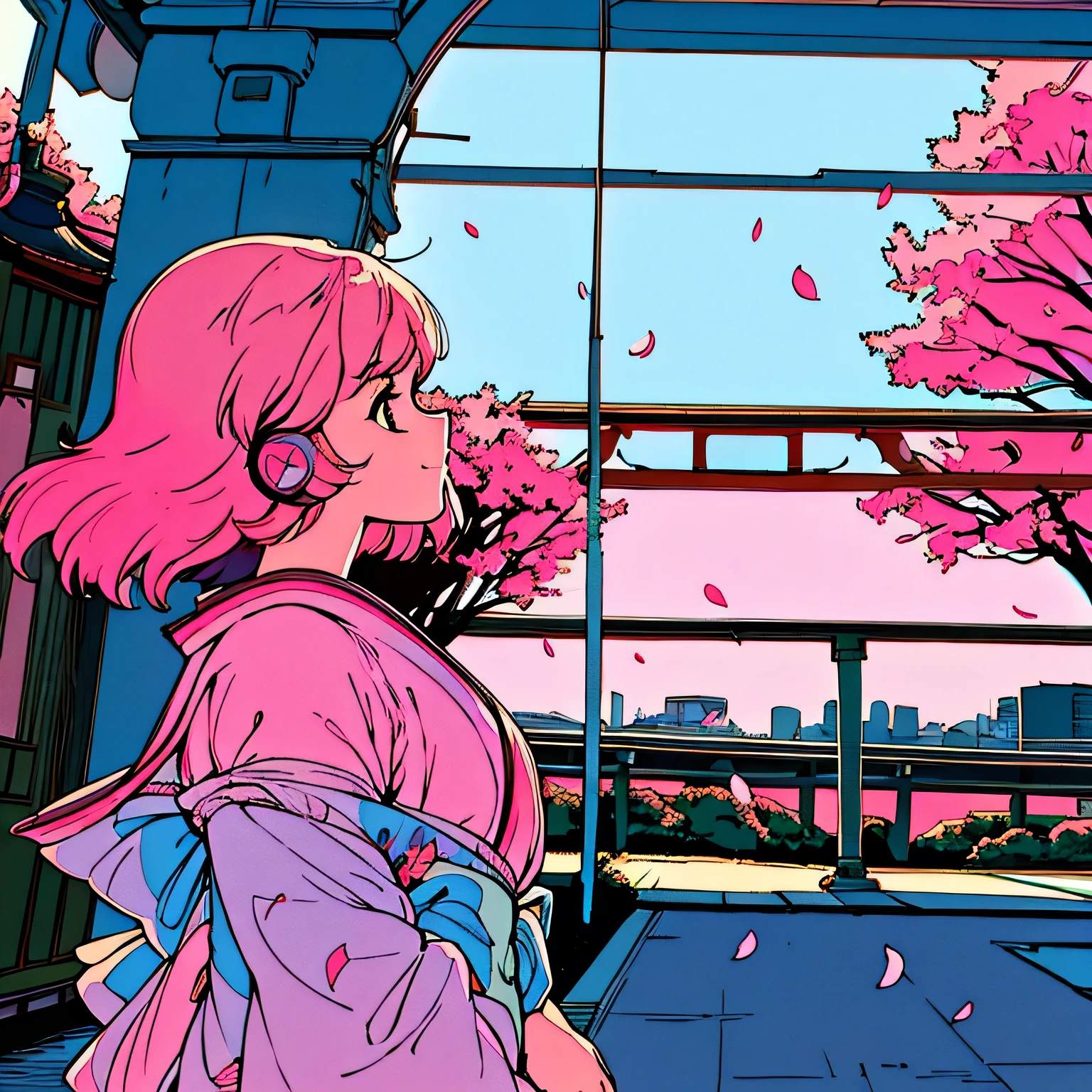 master piece, City Pop style, Pink Hair, fluffy bob cut, wearing headphones, shoulder length, alone, Futuristic, yet, lofi, retro, vintage, Ghost, light smile, cherry blossoms, ((kimono)), torii, Kyoto, looking away