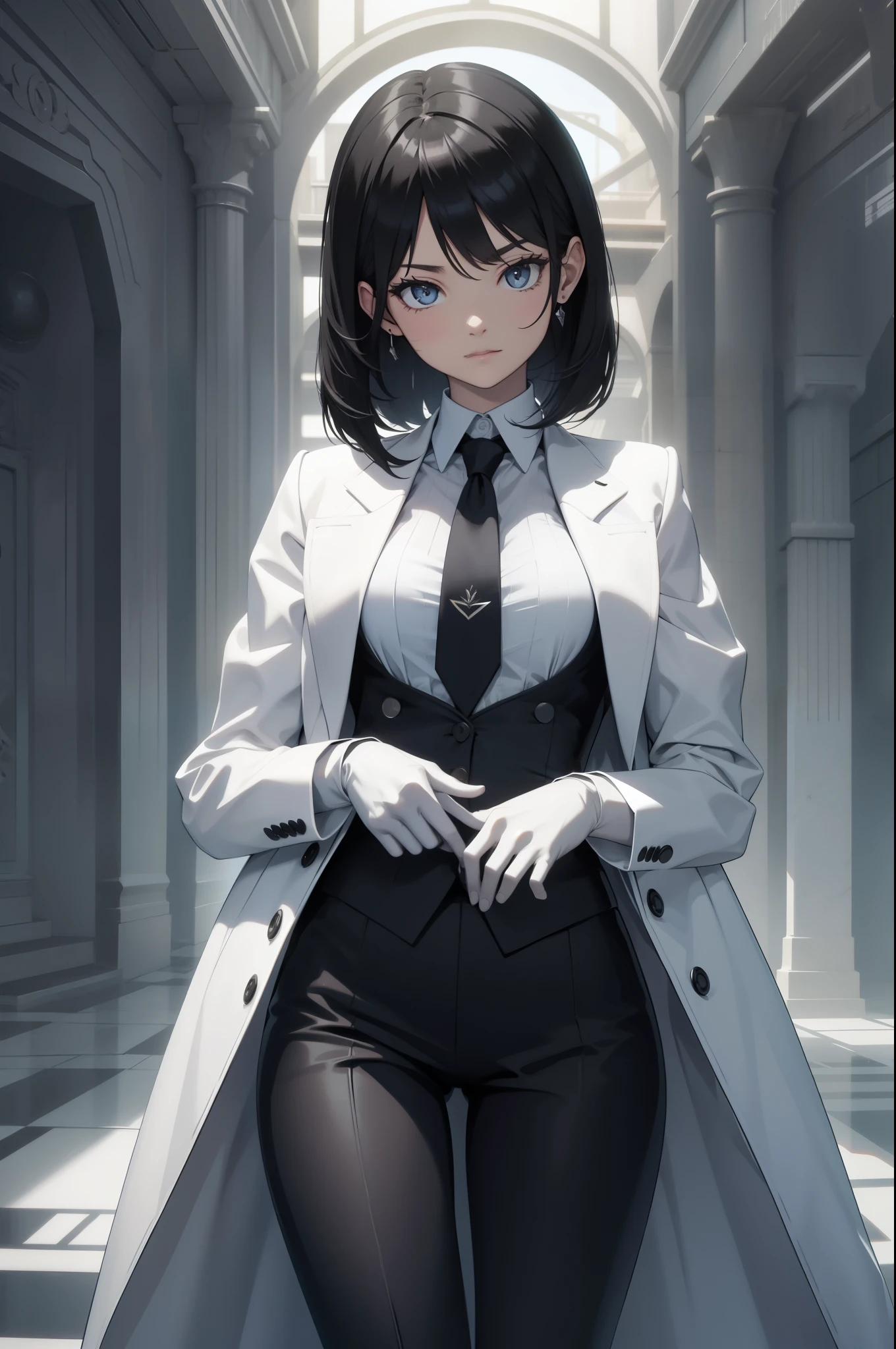 (masterpiece:2.2, best quality:4.0, beautiful, high quality, highres:4.1, aesthetic), detailed, extremely detailed, ambient soft lighting, 4K, perfect eyes, perfect face, perfect lighting, 1girl, bangs, black dress, black hair, breasts, covered navel, dress, fubuki \(one-punch man\), fur coat, green eyes, jewelry, large breasts, lips, looking at viewer, necklace, pearl necklace, short hair, simple background, solo, sweater, thighs, turtleneck, turtleneck dress. Fubuki One Punch Man usando um vestido preto e uma faixa em seus olhos