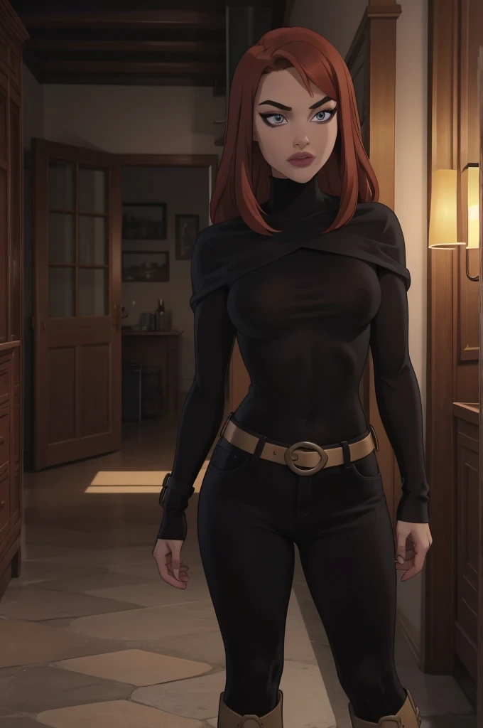 1Girl 18 years old, nur, Lange Haare, midsize , Blick auf den Betrachter, red hair, nackte Schultern, braune Augen, Schmuck, full entire body, Halskette, schulterfrei, pullover, lips, realistisch, Nase, Flirting with the camera, yellow boots, boots