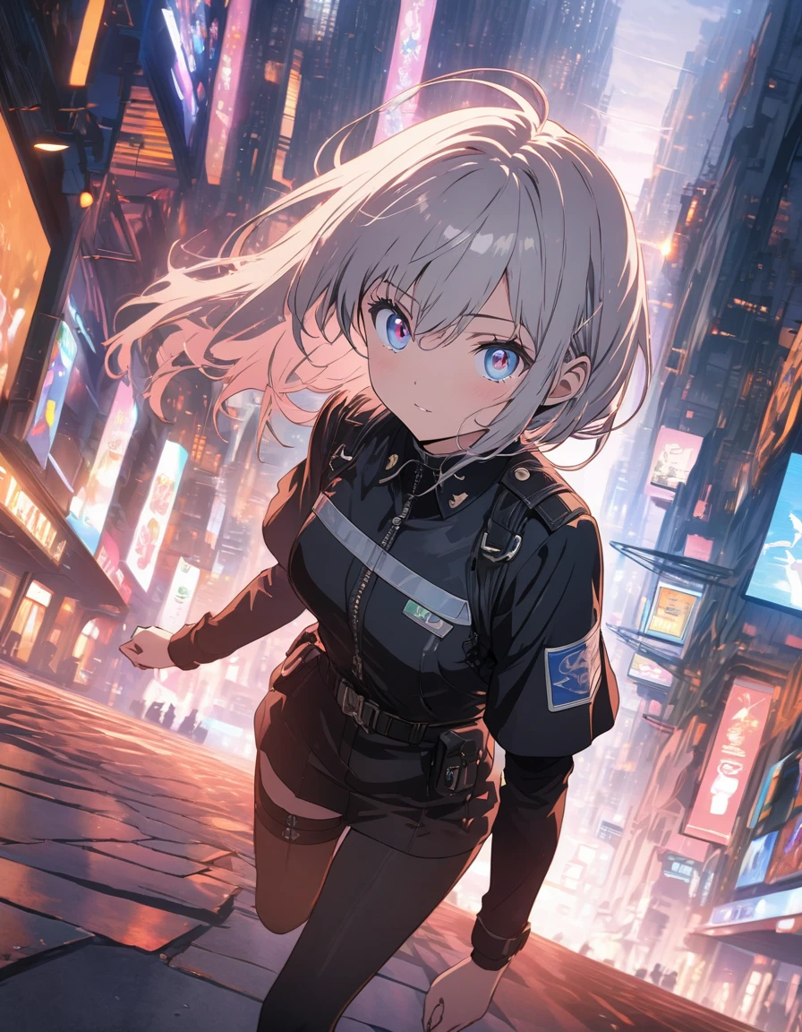 anime style, super fine illustration, highly detailed, dynamic angle, beautiful detailed, 8k, At night, in a cyberpunk cityscape, a female police officer patrols the neon-lit streets. Her footsteps echo against the damp pavement as she keeps a watchful eye on the shadows, ready to enforce justice in this futuristic metropolis.(highest quality、masterpiece、High resolution、detailed)、animeスタイル、Flat Style、(Beautiful Eyes, Delicate and beautiful face, ) 、Dynamic Angle、anime